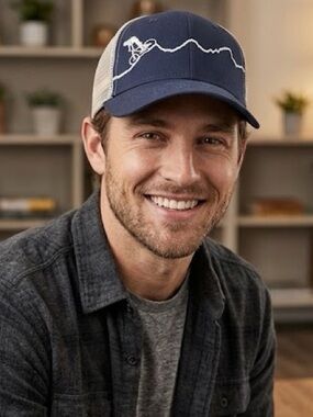 NWT Locale Navy and White Trucker Hat with Mountain Bike Embroidery